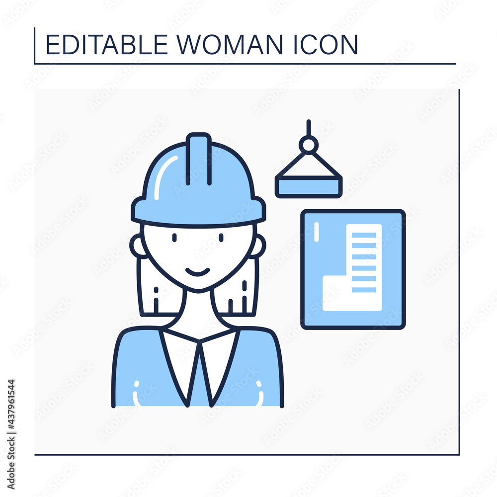Architect line icon. Woman plans, designs and oversees construction of buildings. Top career. Successful woman concept. Isolated vector illustration.Editable stroke
