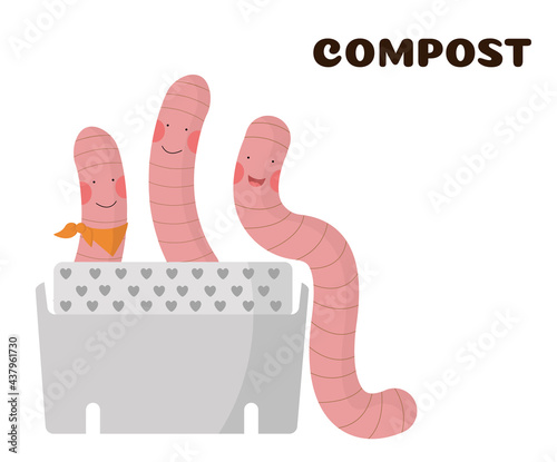 happy cartoon worms with pink cheeks populate a new house made of plastic containers. home composting konepia. organic farming. disposal of organic waste with worms