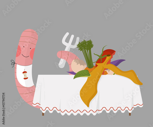 happy cartoon worm with pink cheeks at lunch. Composting organic matter concept. organic farming. disposal of organic waste with worms