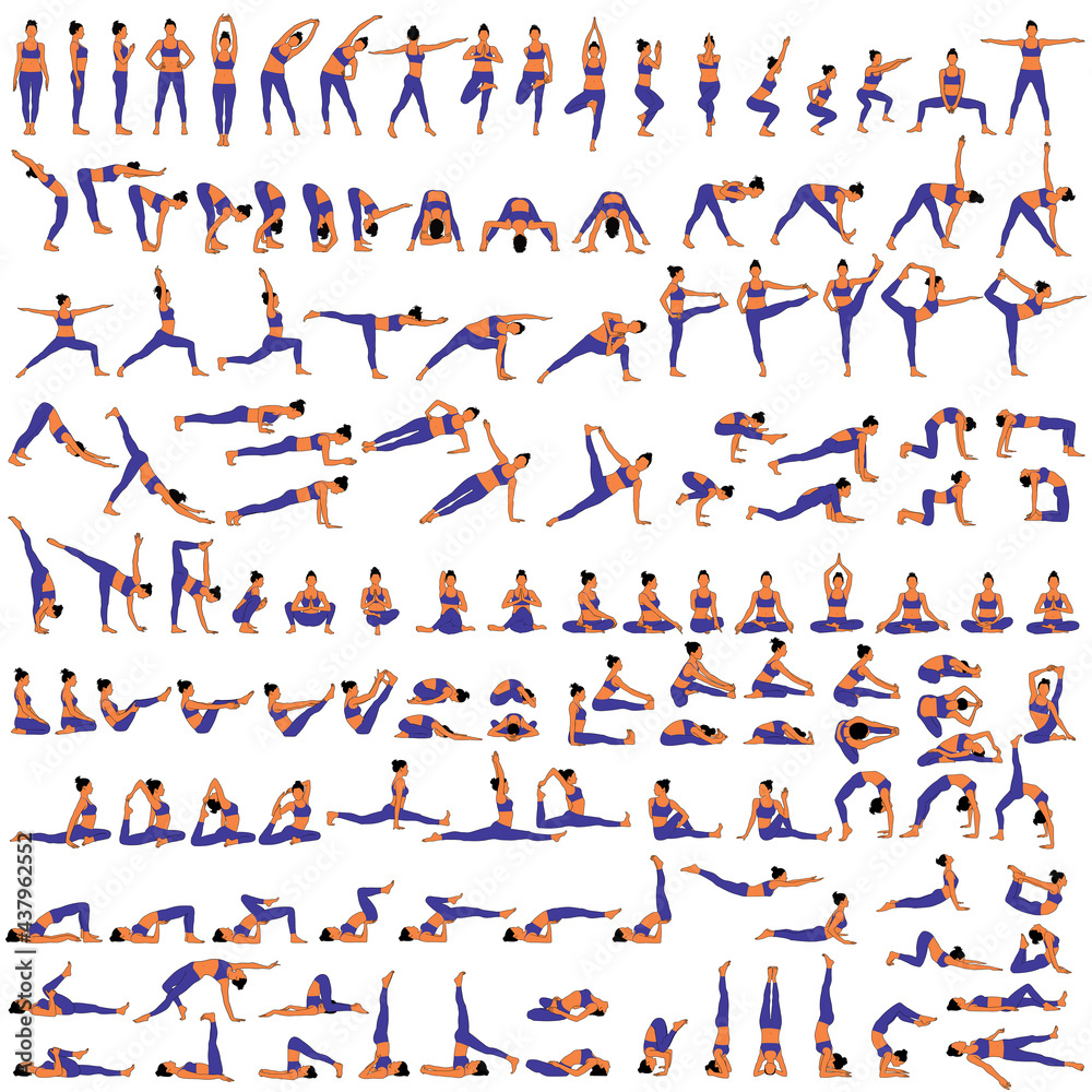 Big set of vector silhouettes of woman doing yoga exercises. Colored icons of a girl in many different yoga poses isolated on white background. Yoga complex. Fitness workout.