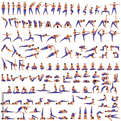 Obraz na płótnie Big set of vector silhouettes of woman doing yoga exercises