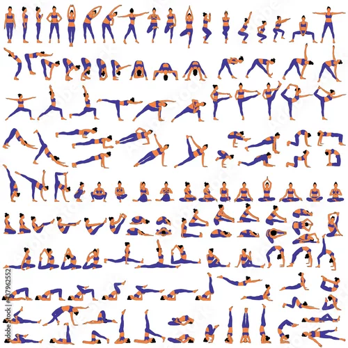 Fototapeta Big set of vector silhouettes of woman doing yoga exercises. Colored icons of a girl in many different yoga poses isolated on white background. Yoga complex. Fitness workout.
