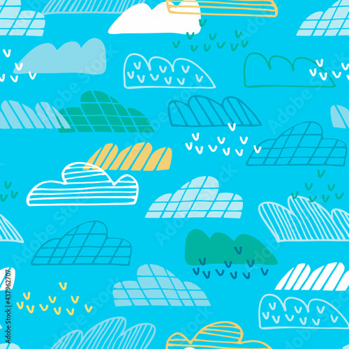 Seamless pattern with blue sky, geometric clouds, rain in cartoon style. Wallpaper, backgound for kids. Perfect for baby, toddler clothing, bed linen