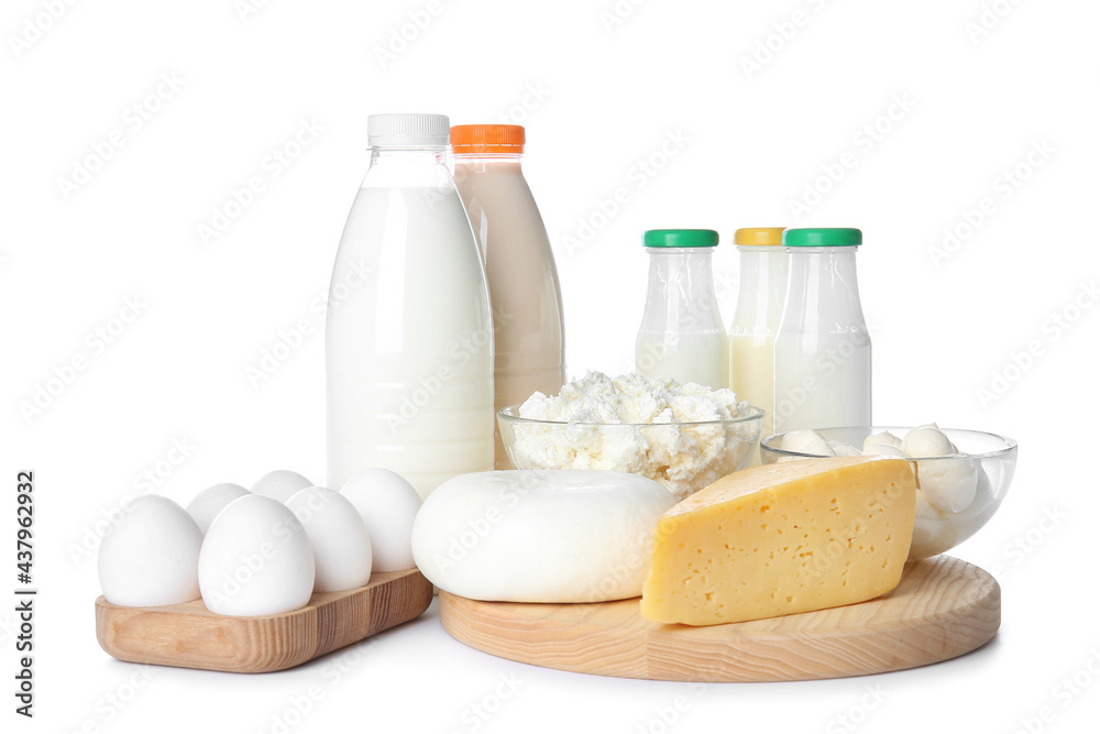 Different dairy products and chicken eggs on white background Different dairy products and chicken eggs on white background