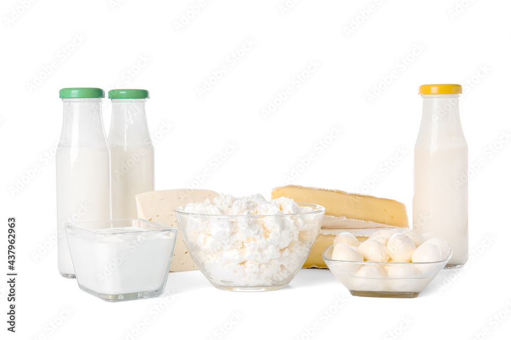 Different dairy products on white background Different dairy products on white background