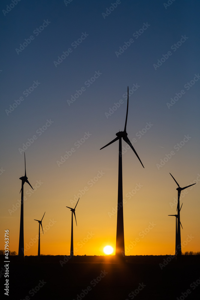 viele Windräder bei Sonnenuntergang stehen auf einem Feld und produzieren Strom viele Windräder bei Sonnenuntergang stehen auf einem Feld und produzieren Strom