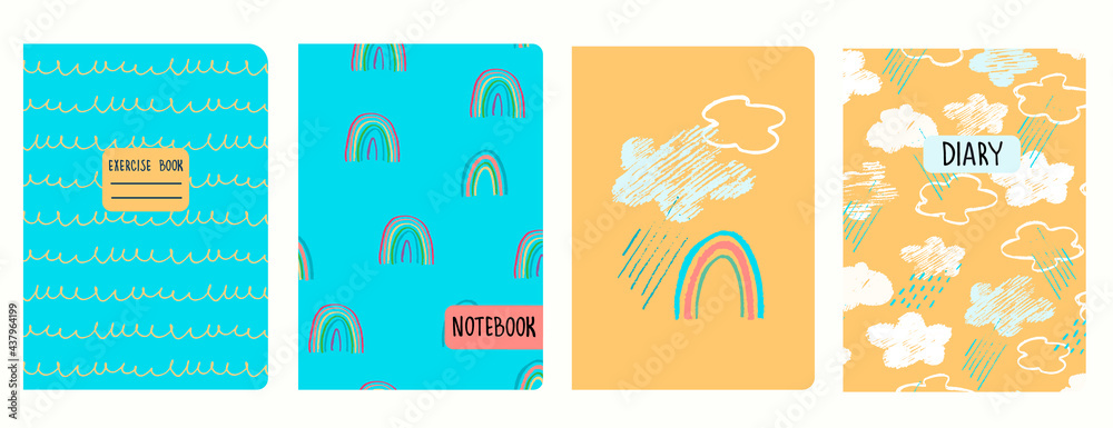 Cover page templates with sky, clouds, rainbows and squiggly lines imitating school cursive handwriting. Childs drawing style. Headers isolated, replaceable. Perfect for notebooks, notepads, diaries