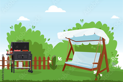 Patio flat vector illustration. Backyard of the house with BBQ, green lawn, trees and bushes. Veranda swing benchwith ropes, awning and soft pillows. Outdoor furnished yard for parties with barbecue