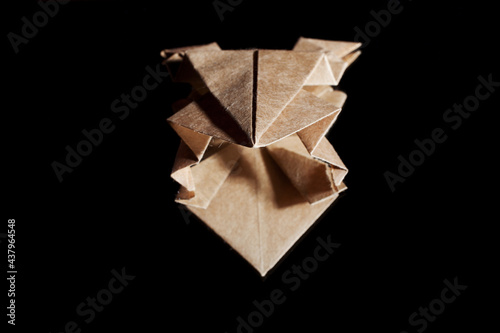 Origami frog made from craft paper isolated on black background