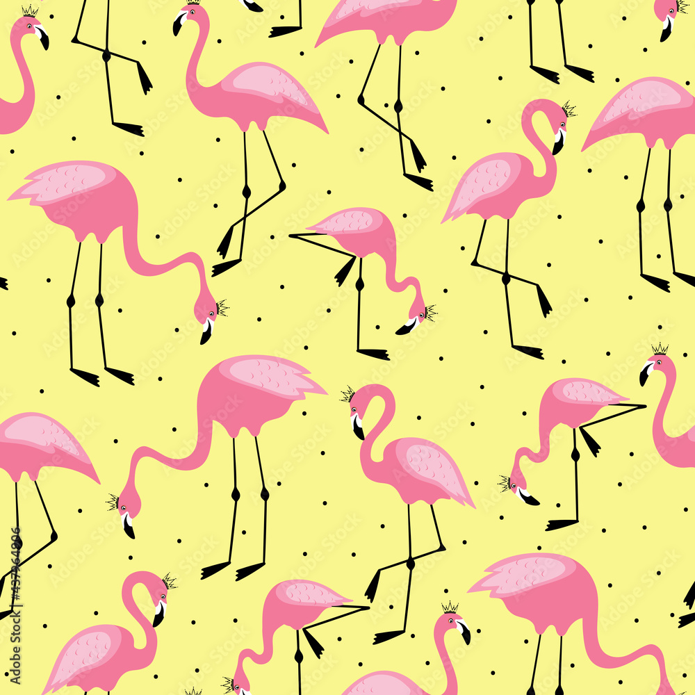 Pink flamingo in a crown seamless pattern on dot background. Vector background design for fabric and kids decor. Pink flamingo in a crown seamless pattern on dot background. Vector background design for fabric and kids decor.