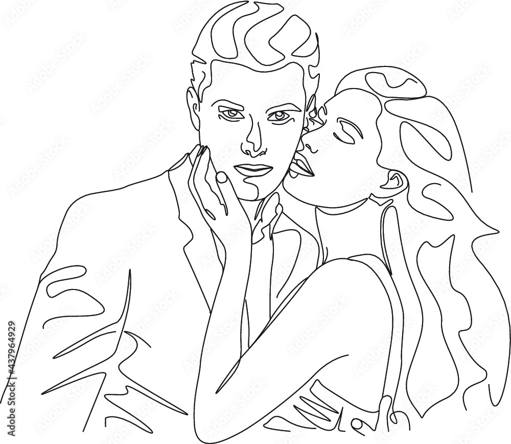 Fototapeta premium one line drawing minimalist couple kissing face illustration in line art style