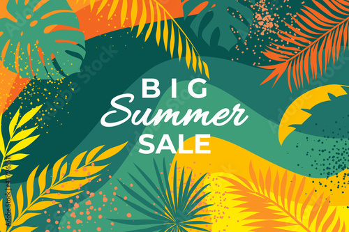 Summer banner with tropical leaves. Abstract summer poster with palm branches and hand drawn circles. Jungle plants background. Leaves on a tropical background