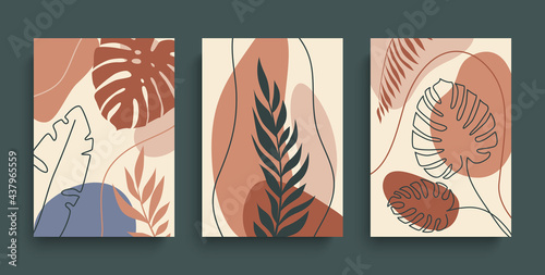 Tropical leaves wall art vector set. Abstract plant art in earth tone with geometrical shapes. Minimal botanical design for card, poster, cover, wallpaper