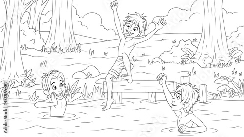 Vector illustration, friends teenagers have fun bathing in nature in a pond in summer