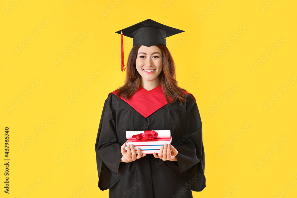 Female graduating student with diploma and books on color background ...
