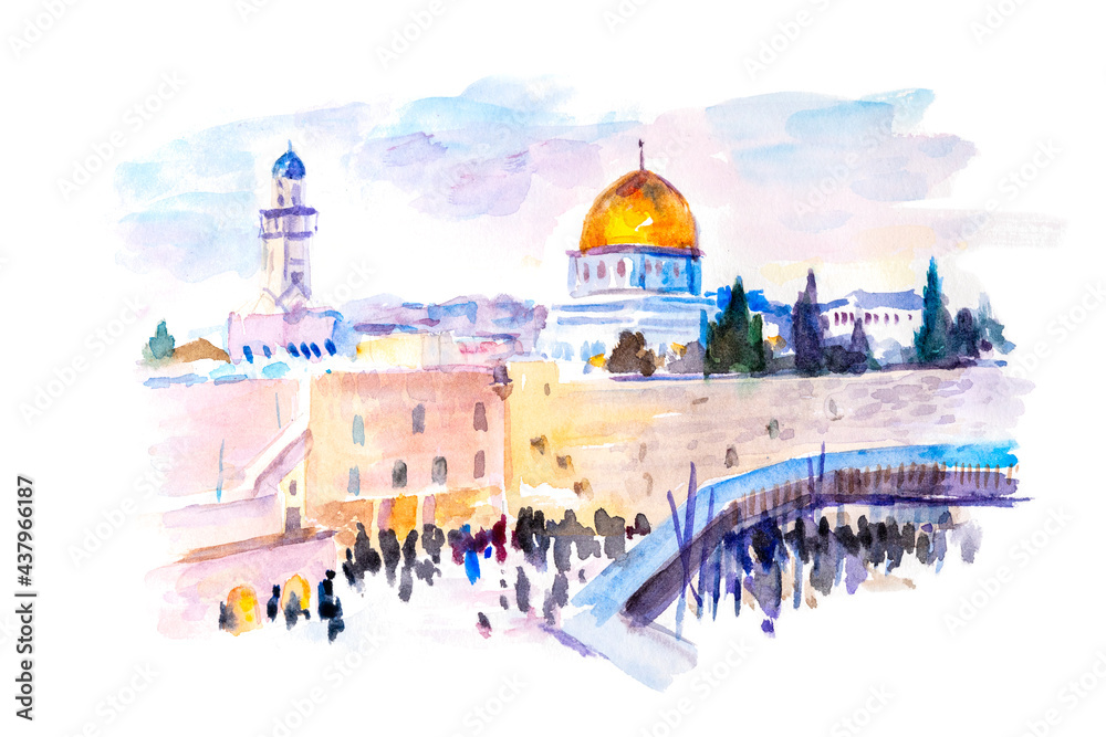 Naklejka premium Acrylic painting of the Wailing Wall in Israel