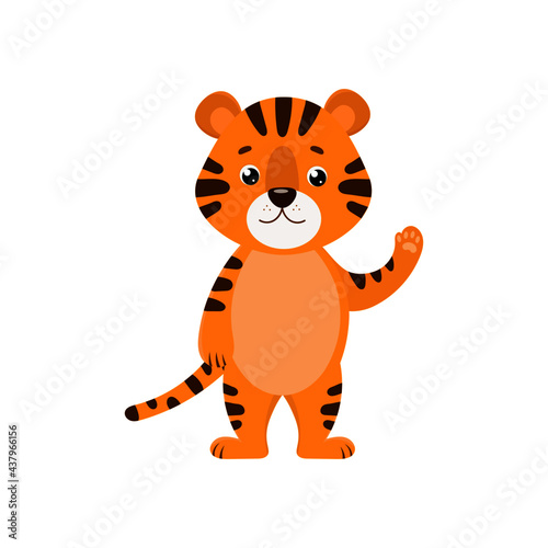 Fototapeta Naklejka Na Ścianę i Meble -  a cheerful striped tiger cub with a raised hand on a white background. symbol 2022