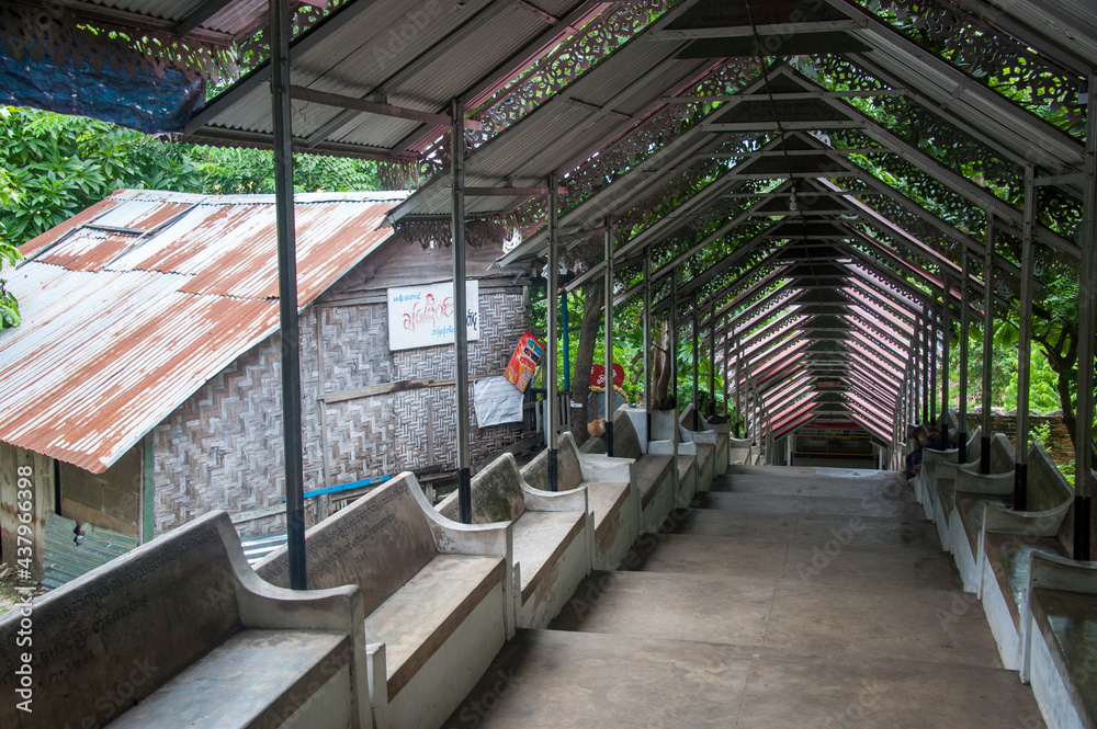 Covered stairway with stone benched in Myanmar Covered stairway with stone benched in Myanmar