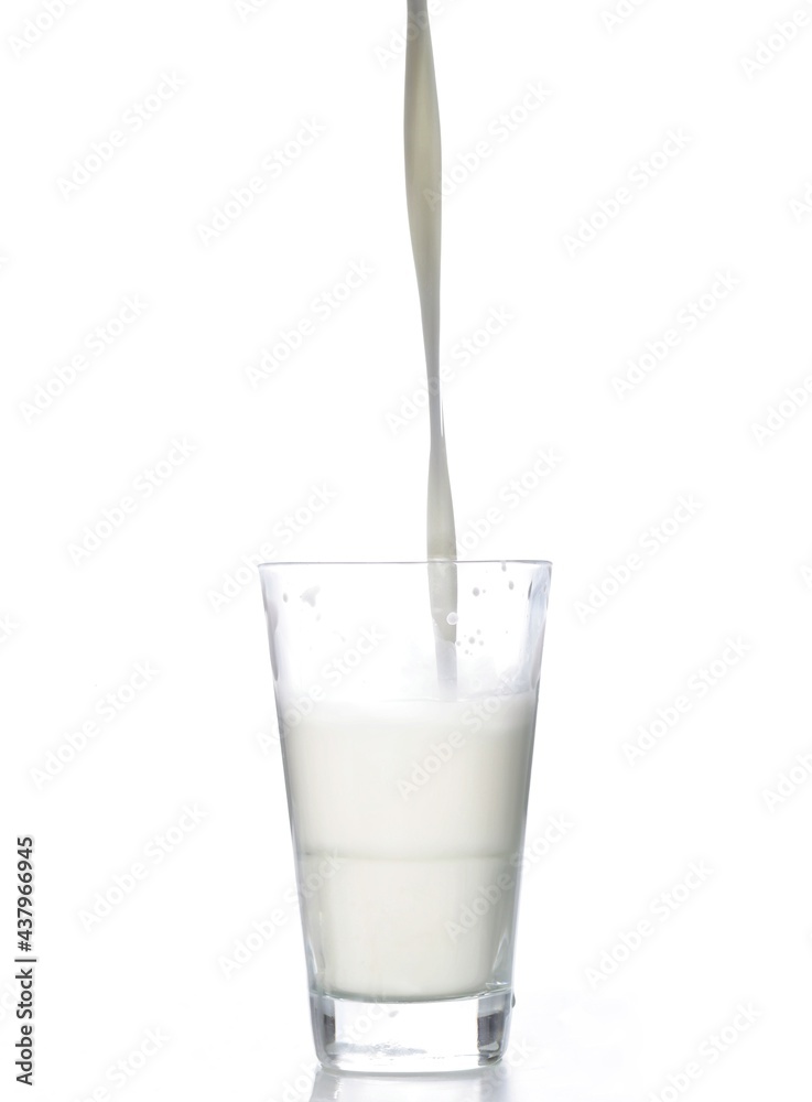 pouring milk in a thin stream into a glass close-up on a white background pouring milk in a thin stream into a glass close-up on a white background