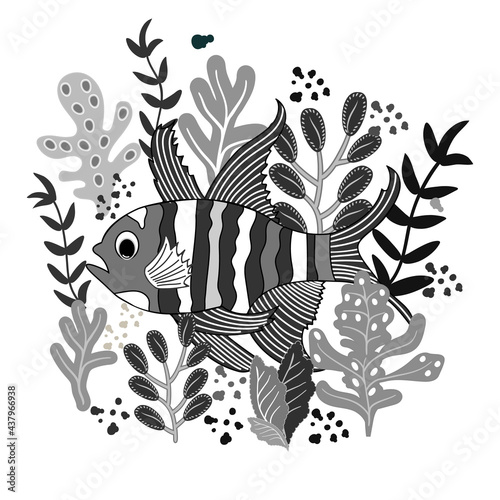 Vector monochrome fish and seaweed illustration.Undersea world.Aquarium.Cute marine life.Brochure,flyer,label,cover,poster,banner,package,print on clothes,card.Eps 10. 
