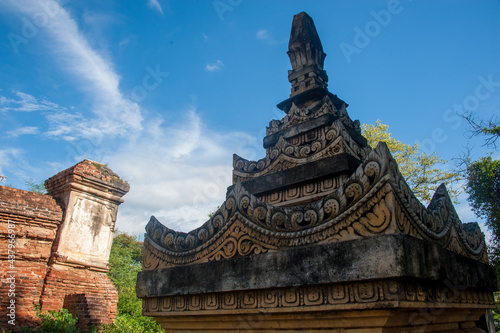 Stone carved roof on a beautiful day in Myanmar