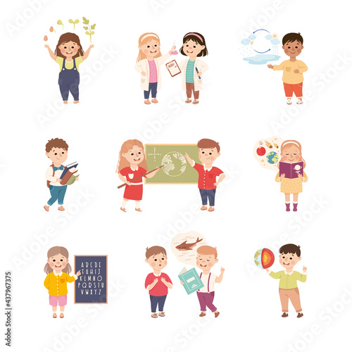Elementary School Students at Learning Process Set, Cute Boys and Girls Having Chemistry, Biology, Geography Lessons, Kids Education Concept Cartoon Vector Illustration