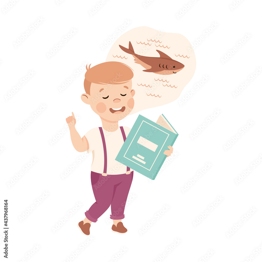 Cute Boy Reading Book about Sea Animals, Kids Education Concept Cartoon Vector Illustration