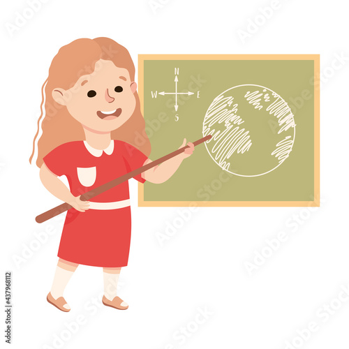Cute Girl Having Geography Lesson, Elementary School Student Standing at Blackboard with Earth Map, Kids Education Concept Cartoon Vector Illustration