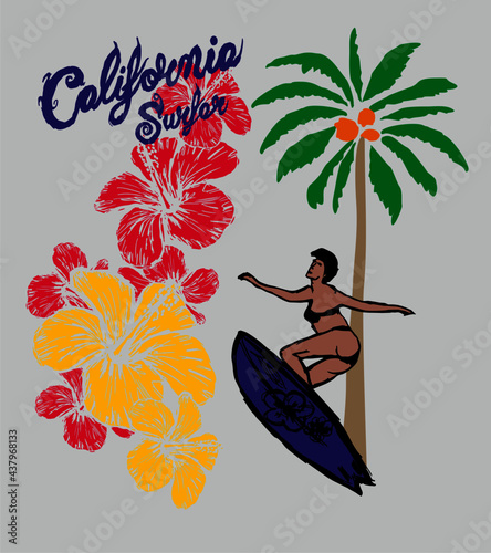California surfer hibiscus flower vector art