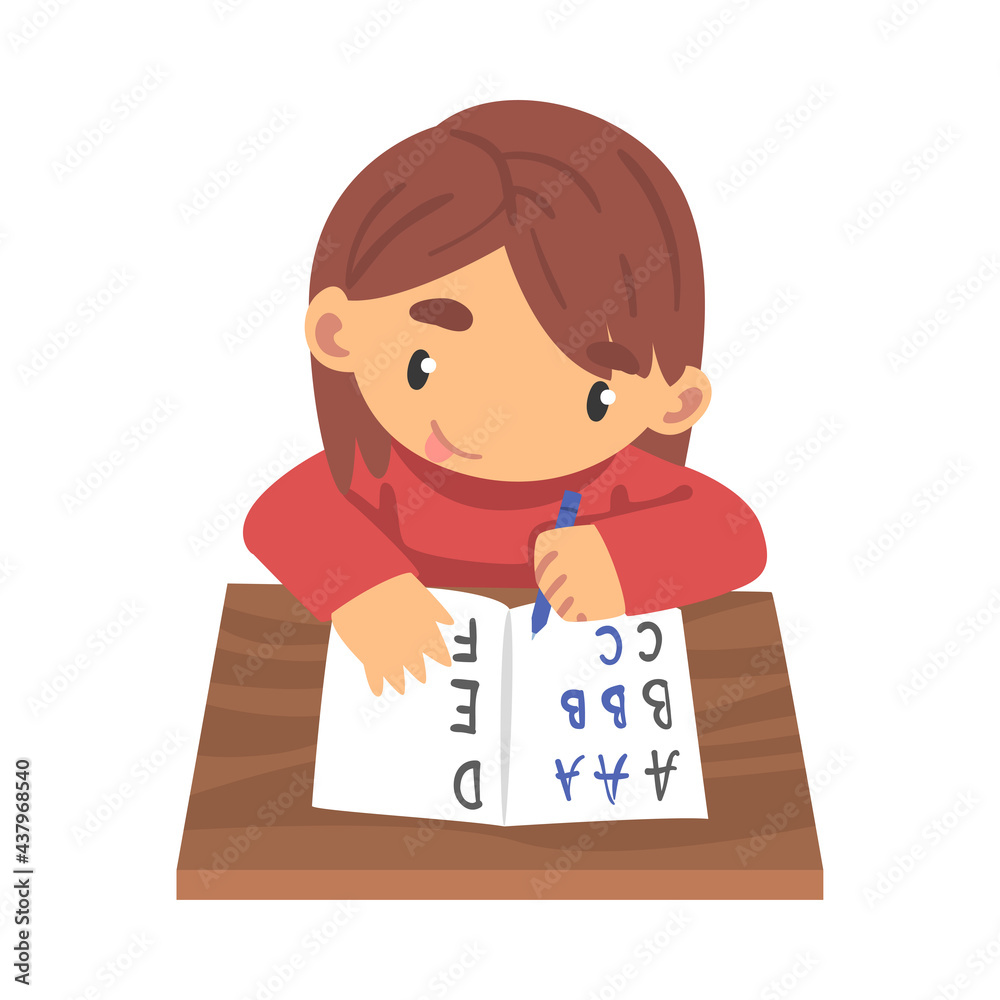 Lovely Girl Learning to Write in Notebook, Elementary School Student Making Homework at her Desk Cartoon Vector Illustration Lovely Girl Learning to Write in Notebook, Elementary School Student Making Homework at her Desk Cartoon Vector Illustration