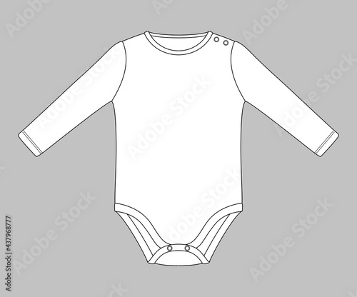 baby bodysuit with press studs on shoulder. Flat sketch template isolated on grey background