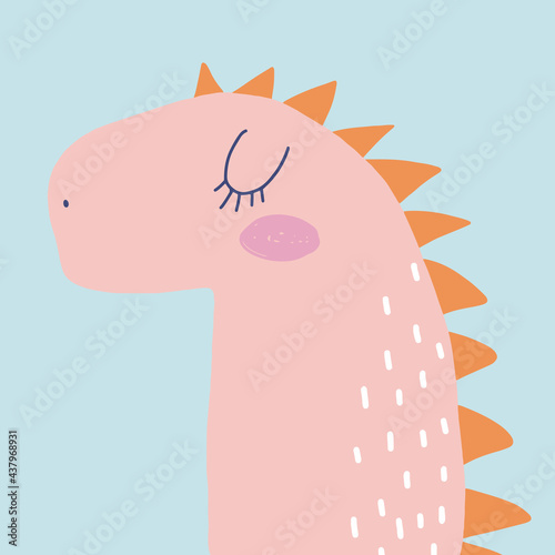 Cute Simple Vector Illustration with Pink Dreamy Dinosaur Isolated on a Pastel Blue Background. Simple Nursery Art for Kids. Print with Funny Dino ideal for Wall Art, Card, Poster, Decoration.