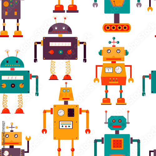 Cute robots seamless pattern. Colorful print. Vector illustration.