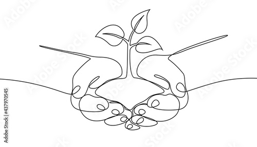 Continuous drawing line art of sprout in hands. Hand drawn one line