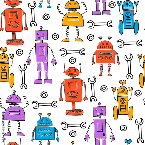 Hand drawn robots seamless pattern. Doodle elements. White background. Vector print. Hand drawn vector illustration.
