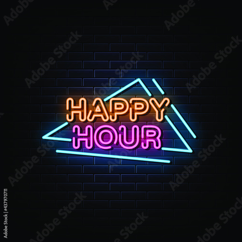 Photo Happy hour neon sign. neon symbol