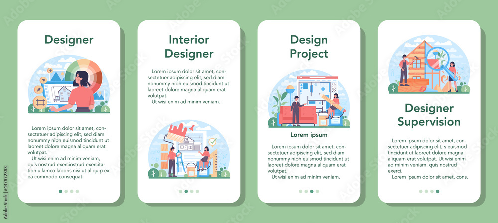 Interior designer mobile application banner set. Decorator planning