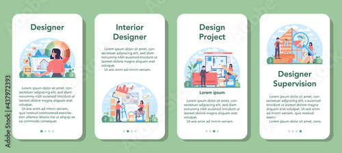 Interior designer mobile application banner set. Decorator planning