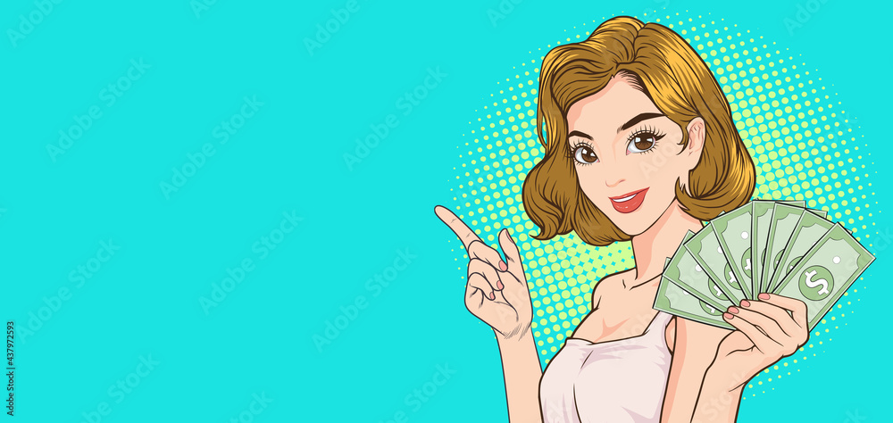 woman showing money and pointing with copy space woman showing money and pointing with copy space