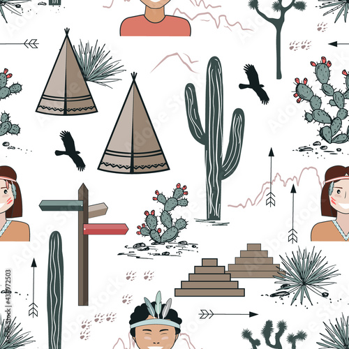 Seamless pattern with Kids in Native Indian headbands, tepee, and cacti. Saguaro, opuntia, and wigwams. Vector illustration