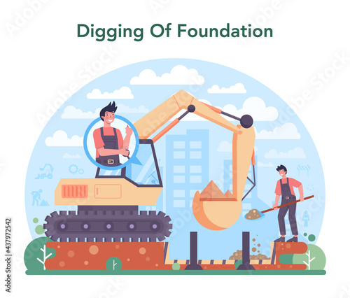 Excavator operator concept. Industrial builder at the construction site.