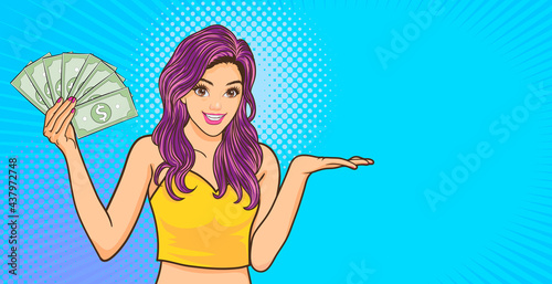 smile woman holding money and copy space