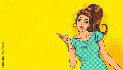 surprised woman present hand up