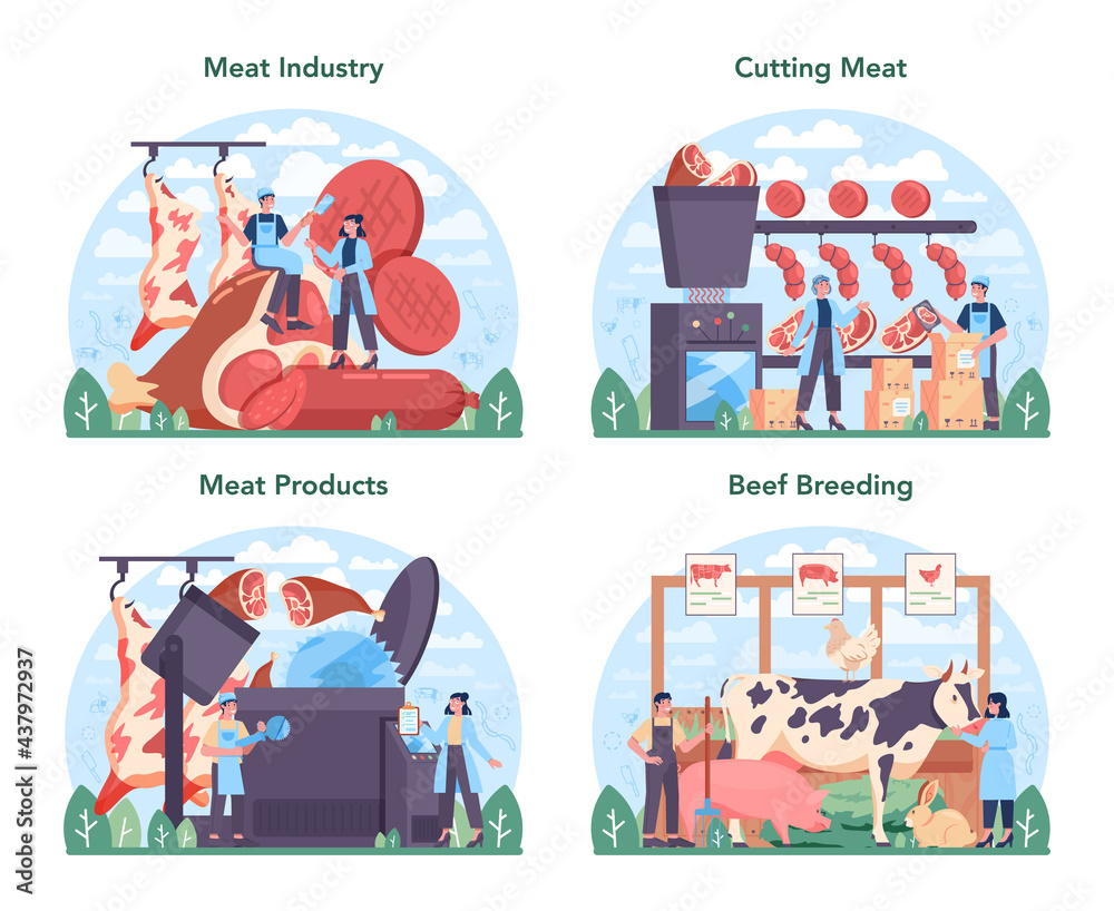 Meat production industry concept set. Butcher or meatman factory.