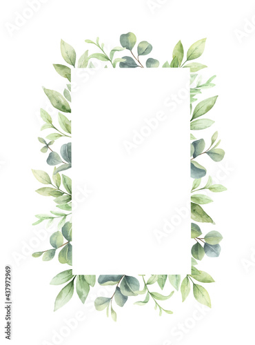 Watercolor vector frame of green branches and leaves.