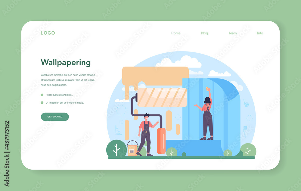 Wall papering web banner or landing page. Worker gluing wallpapers Wall papering web banner or landing page. Worker gluing wallpapers
