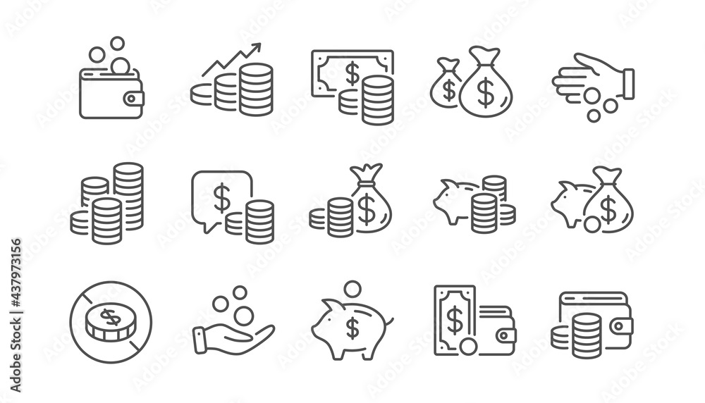 Fototapeta premium Coins line icons. Cash money, Donation coins, Give tips icons. Piggy bank, Business income, Loan. Money savings, give coin, cash tips. Investment profit, financial growth chart. Linear set. Vector