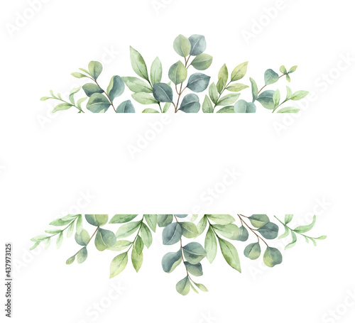 Watercolor vector wreath of green branches and leaves.