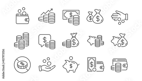 Coins line icons. Cash money, Donation coins, Give tips icons. Piggy bank, Business income, Loan. Money savings, give coin, cash tips. Investment profit, financial growth chart. Linear set. Vector photo