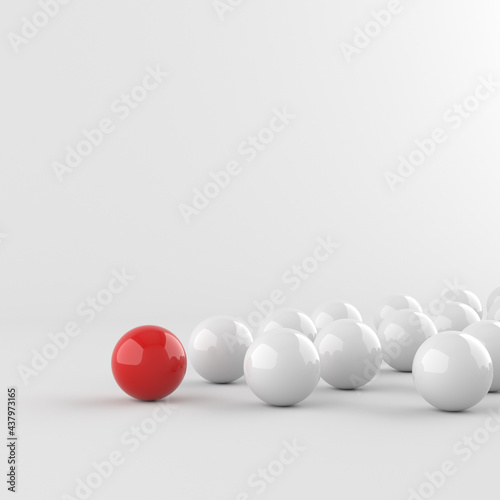 Leadership concept, red leader ball leading white balls, on white background with empty copy space. 3D Rendering